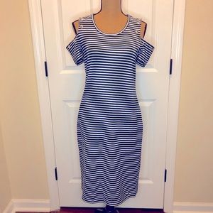Ivanka Trump Navy and White Striped Open Shoulder Dress size Small